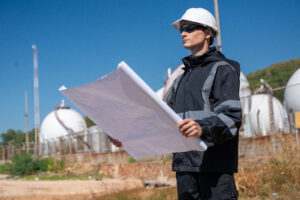Engenheiro ambiental analisando planta tecnica em instalacao industrial para elaboracao do PGRS