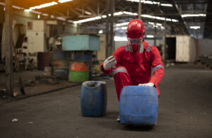 Operario industrial com EPI manuseando galoes de residuos quimicos perigosos Classe I para classificacao NBR 10004