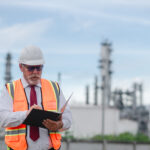 Inspetor ambiental verificando documentacao de conformidade em instalacao industrial para regularizacao