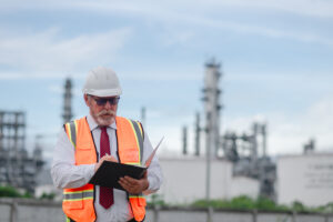 Inspetor ambiental verificando documentacao de conformidade em instalacao industrial para regularizacao