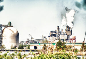 Usina elétrica em distrito industrial com emissões visíveis — contexto de empreendimentos que exigem EIA/RIMA no licenciamento ambiental