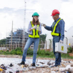 Engenheiros ambientais inspecionando instalacao industrial para obtencao de licenca CADRI CETESB