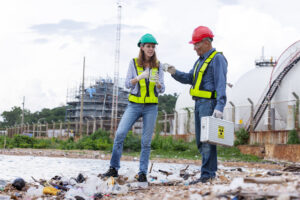 Engenheiros ambientais inspecionando instalacao industrial para obtencao de licenca CADRI CETESB