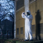 Cientista em macacão branco e máscara de gás realizando pesquisa ao ar livre — equipamento de proteção individual para remoção de amianto em edificações industriais