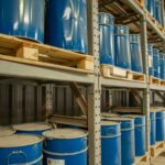 Armazém com barris de metal industrial azul organizados em prateleiras